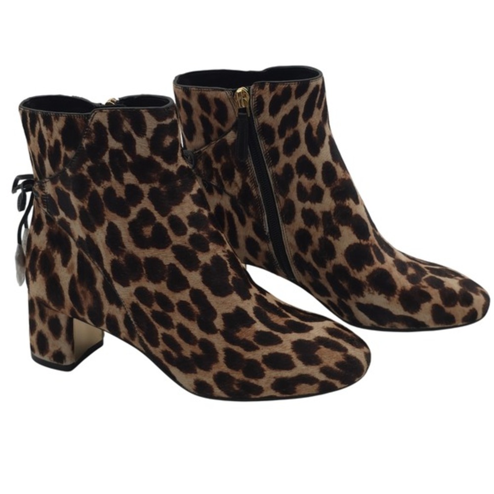 Tory Burch Laila Leopard Calf Hair Ankle Boots Size 6 Block Heel Bow Tie NWOT